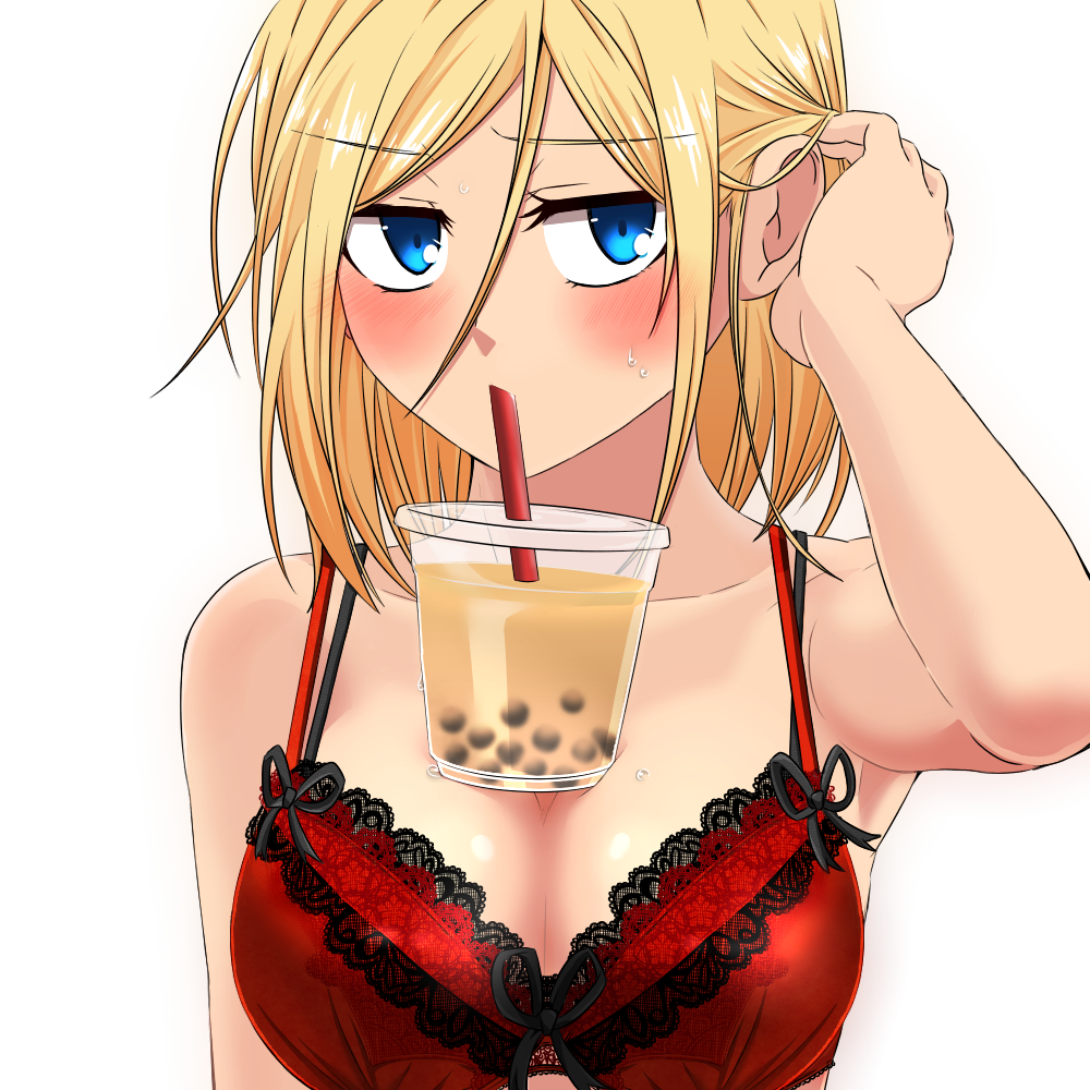 1girl blonde_hair blue_eyes blush bra bubble_tea bubble_tea_challenge drinking dungeon_and_fighter gunner_(dungeon_and_fighter) hand_in_own_hair lingerie ranger_(dungeon_and_fighter) short_hair sss_(komojinos3) sweat underwear white_background