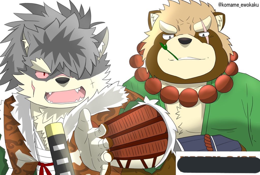 anthro asian_clothing brown_body brown_fur canid canine canis clothing domestic_dog duo east_asian_clothing eyebrows fur grey_body grey_fur gyobu hair japanese_clothing jewelry katana kimono komame_ewokaku lifewonders male mammal melee_weapon necklace ponytail raccoon_dog scar shino_(housamo) sword tanuki thick_eyebrows tokyo_afterschool_summoners video_games weapon