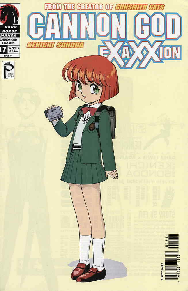 1girl alternate_language backpack bag bangs bleed_through blue_vest bow bowtie brown_footwear brown_hair camcorder camera cover cover_page green_eyes green_skirt hino_akane_(houjin_exaxxion) holding holding_camera houjin_exaxxion leaning_back logo looking_at_viewer manga_cover official_art red_bow red_bowtie scan scan_artifacts short_hair skirt smile solo sonoda_ken'ichi vest