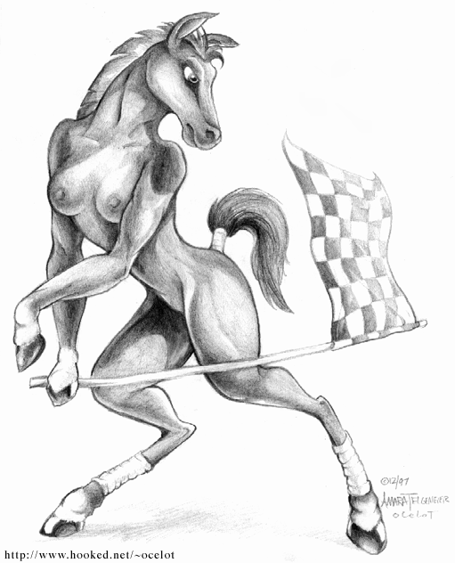 1997 amara_telgemeier anthro black_and_white breasts checkered_flag clothing equid equine female hair hooves horse legwear mammal mane monochrome solo thick_thighs