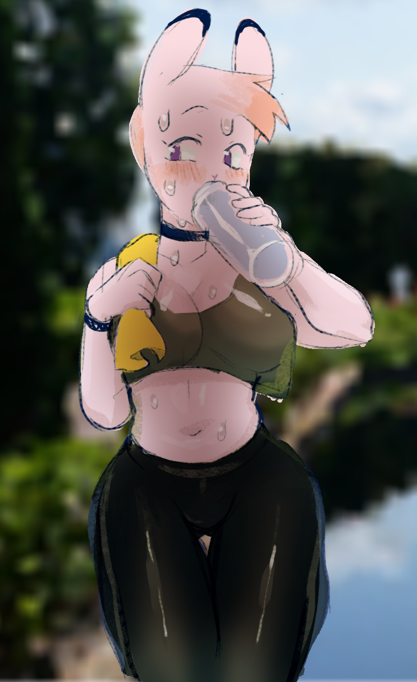 anthro beverage big_breasts black_clothing blue_eyes blush bodily_fluids breasts clothing drinking female hair hi_res holding_beverage holding_object indigo_cho lagomorph leporid looking_aside mammal outside rabbit solo sweat white_body yellow_towel