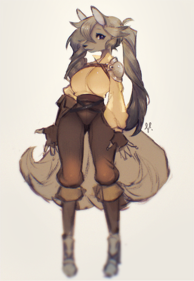 2018 anthro armor boots bottomwear breasts brown_body brown_fur brown_hair canid clothing digital_media_(artwork) female fingerless_gloves footwear fur gloves hair handwear indigo_cho looking_at_viewer mammal multi_tail pants pauldron pigtails simple_background smile solo white_background