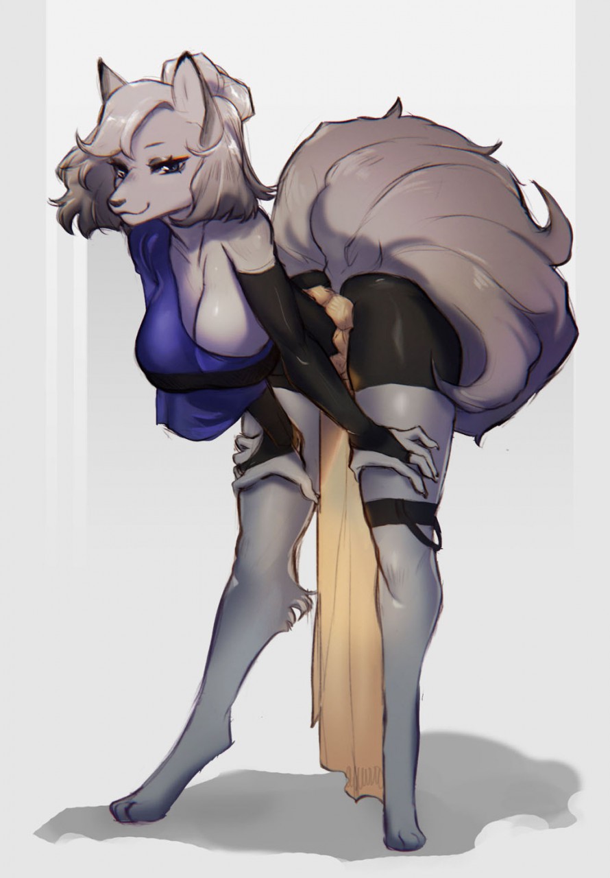 2018 anthro barefoot big_breasts black_clothing blue_eyes bottomwear breasts canid cleavage clothed clothing digital_media_(artwork) digitigrade feet female fur grey_body grey_fur grey_hair hair hi_res indigo_cho leaning leaning_forward mammal shorts simple_background smile solo standing white_background