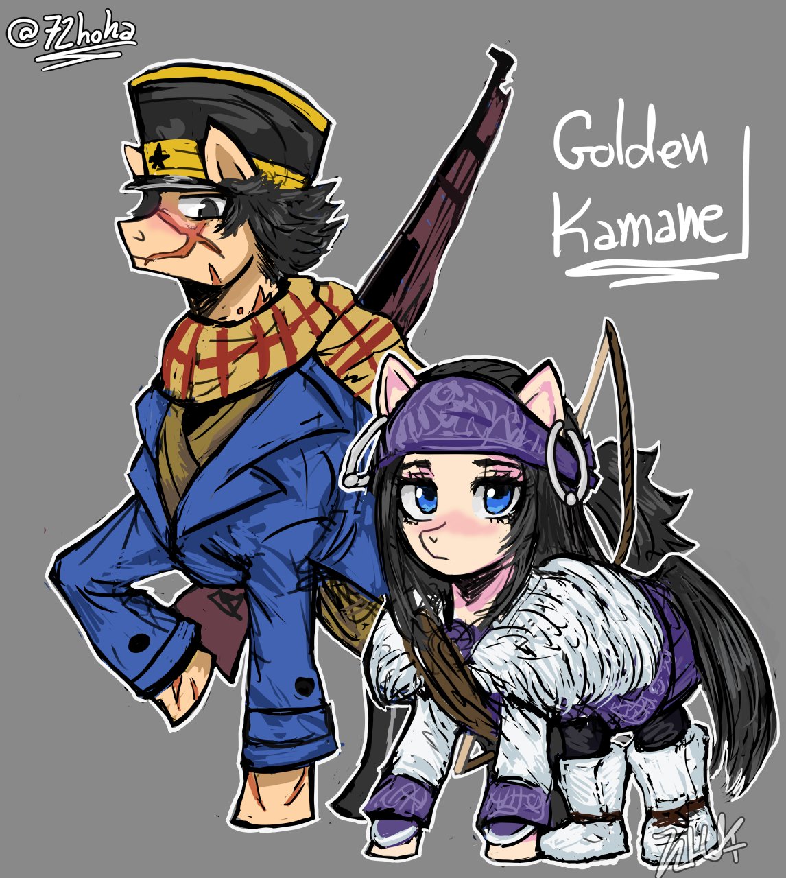 accessory ainu_clothing asirpa black_hair blue_eyes blush boots bow_(weapon) clothing coat duo ear_piercing ear_ring equid equine female feral footwear friendship_is_magic fur golden_kamuy grey_background gun hair hasbro hat headband headgear headwear hi_res hoka horse looking_at_viewer male male/female mammal military_cap my_little_pony piercing pony ranged_weapon rifle rope scar scarf simple_background size_difference sugimoto_saichi topwear weapon white_body white_clothing white_fur