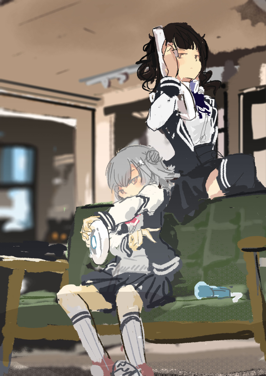 2girls absurdres alternate_hair_color behind_another black_hair black_jacket black_skirt black_thighhighs blazer blurry blurry_background blush cevio closed_mouth collared_shirt commentary_request controller couch double_bun flipped_hair game_controller grey_hair grey_sweater hair_bun hair_ornament hairclip half-closed_eyes hand_up highres holding holding_controller holding_game_controller indoors jacket kabuyama_kaigi kneehighs koharu_rikka light_gun long_hair long_sleeves looking_ahead looking_to_the_side mole mole_under_eye multicolored_clothes multicolored_jacket multiple_girls natsuki_karin on_couch open_clothes open_jacket outstretched_arm pink_eyes playing_games ribbed_socks school_uniform shirt shirt_tucked_in shoes short_hair sitting skirt sneakers socks sweater synthesizer_v tented_shirt thighhighs twintails two-tone_jacket wavy_hair white_shirt white_sleeves white_socks wii_racing_wheel wii_remote wii_zapper
