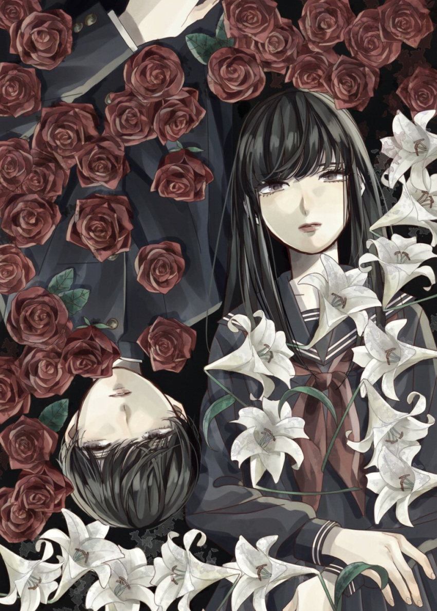 1boy 1girl black_eyes black_jacket black_sailor_collar black_serafuku black_shirt black_skirt commentary flower gakuran highres jacket long_hair long_sleeves looking_at_viewer lying neckerchief on_back original parted_lips pleated_skirt red_flower red_neckerchief red_rose rose sailor_collar school_uniform serafuku shirt short_hair sidelocks skirt sunago_(7100nu) white_lily