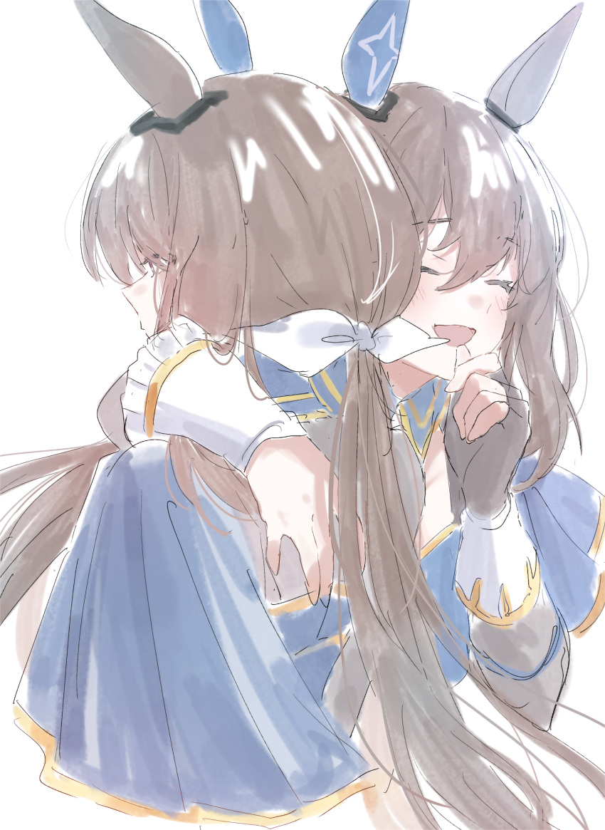 2girls :d ^_^ admire_vega_(umamusume) animal_ears black_gloves blue_capelet brown_hair capelet closed_eyes cropped_torso dual_persona fingerless_gloves gloves ha_(hura76752775) hair_between_eyes hair_ribbon highres horse_ears hug long_hair low_ponytail multiple_girls ponytail ribbon simple_background single_glove smile umamusume upper_body white_background white_ribbon