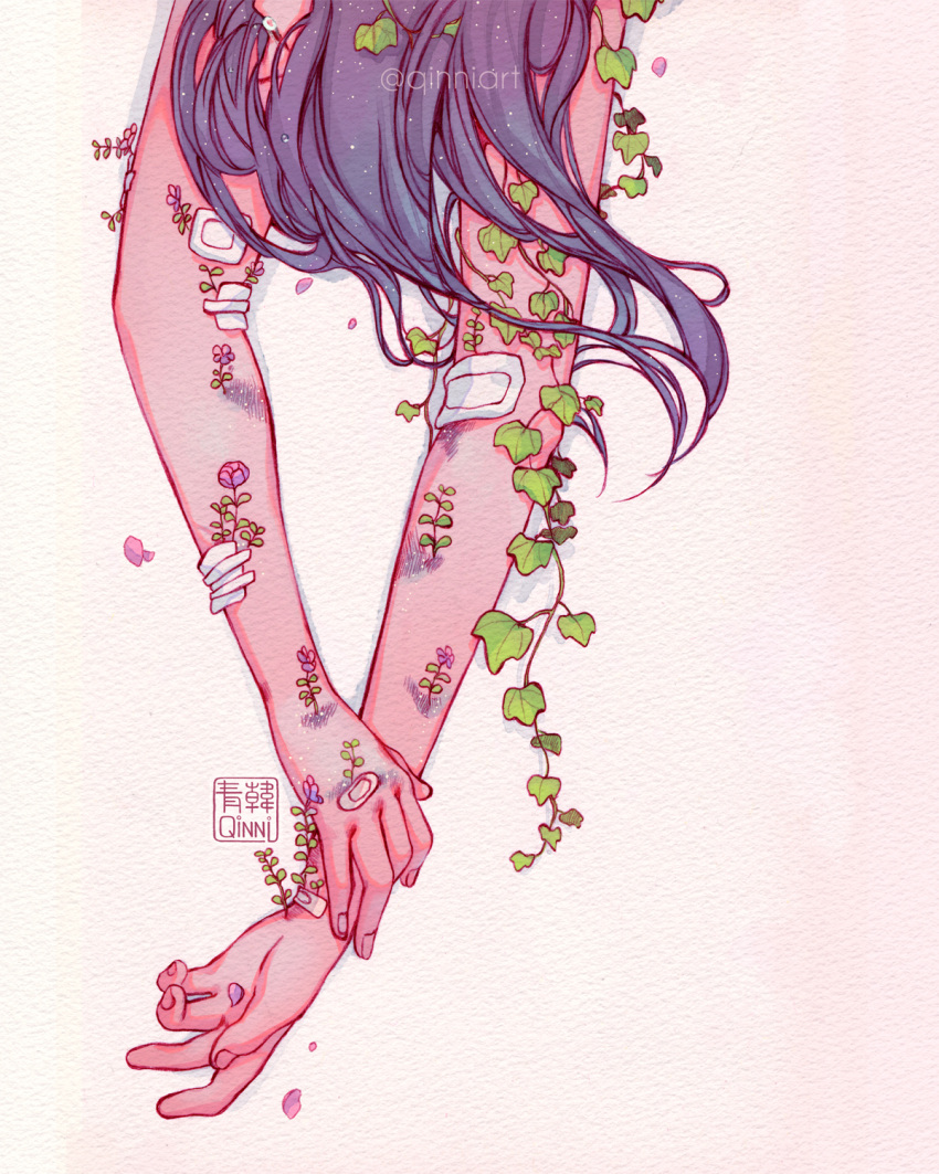 bandages bandaid bruise faceless flower highres injury leaf original outstretched_arms petals plant purple_eyes qinni vines