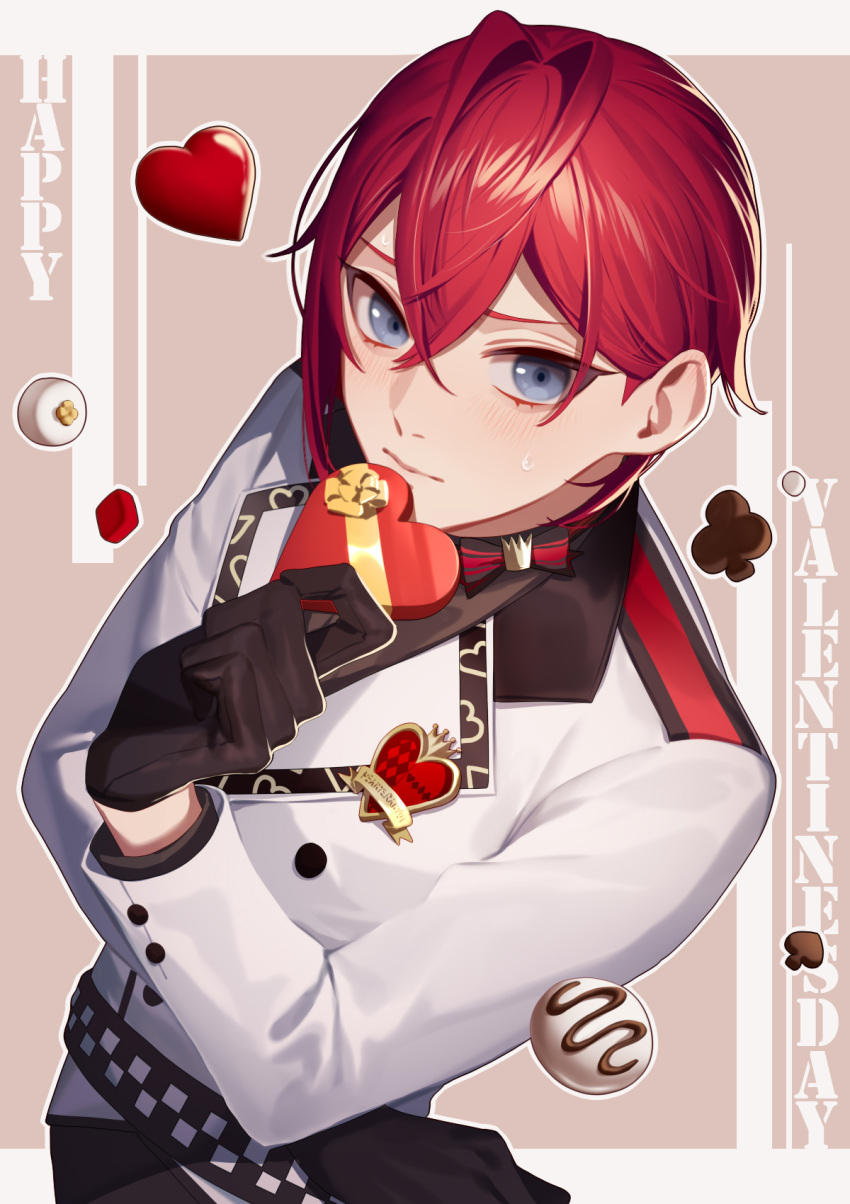 13_(bbr584607091) 1boy belt black_gloves blue_eyes brown_background checkered_clothes chocolate clover commentary crossed_bangs diamond_(shape) gift gloves happy_valentine heart highres holding holding_gift jacket lapel_pin letterboxed long_sleeves looking_at_viewer male_focus red_hair riddle_rosehearts short_hair simple_background solo spade_(shape) symbol-only_commentary thinking twisted_wonderland upper_body white_jacket