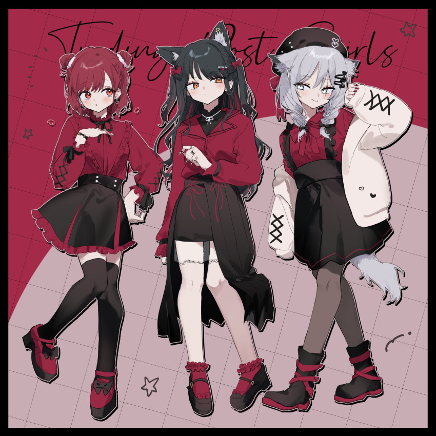 3girls :o alternate_costume animal_ear_fluff animal_ear_piercing animal_ears ankle_socks arknights beret black_bow black_footwear black_hair black_headwear black_nails black_pantyhose black_ribbon black_shirt black_skirt black_thighhighs blazer blouse blush boots bow bracelet braid buttons closed_mouth collared_shirt commentary_request contrapposto criss-cross_strings cursive double_bun ear_piercing earrings english_text expressionless extra_ears exusiai_(arknights) eyelashes facing_viewer fang fingernails footwear_bow frilled_shirt frilled_skirt frilled_sleeves frilled_socks frills full_body grey_eyes grey_hair grey_tail grid_background hair_between_eyes hair_bow hair_bun hair_ornament hairclip hand_on_own_chest hand_on_own_hip hand_up hat hat_ornament hat_ribbon heart heart_earrings heart_hair_ornament high-waist_skirt highres invisible_floor jacket jewelry knees knees_together_feet_apart lace-trimmed_thighhighs lace_trim lapels lappland_(arknights) leg_up legs light_blush lolita_fashion long_fingernails long_hair long_sleeves looking_at_another looking_to_the_side low_twin_braids mary_janes match_bou_(match_match03) medium_skirt miniskirt motion_lines multicolored_hair multiple_girls multiple_rings nail_polish neck_ribbon notched_lapels notice_lines open_clothes open_jacket orange_eyes outline over-kneehighs pantyhose parted_lips piercing pink_background pleated_skirt puffy_long_sleeves puffy_sleeves red_background red_bow red_footwear red_hair red_jacket red_nails red_ribbon red_shirt red_socks ribbon ring scar scar_across_eye scar_on_face scrunchie see-through see-through_thighhighs shadow shirt shoes short_hair sidelocks skirt sleeves_past_wrists smile socks standing standing_on_one_leg star_(symbol) straight_hair streaked_hair suspender_skirt suspenders tail texas_(arknights) thighhighs twin_braids twintails two-tone_background two-tone_hair unworn_jacket very_long_hair waist_cape walking white_jacket white_outline wing_collar wolf_ears wolf_girl wolf_tail wrist_ribbon zettai_ryouiki