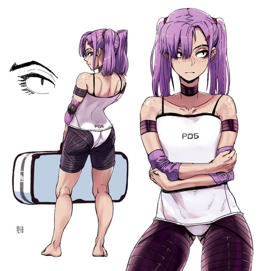 arms_at_sides artist_name ass barefoot black_choker body_freckles bra_strap breasts choker des_(desvitio) eyelashes feet freckles highres holding holding_own_arm holding_suitcase neck nose original science_fiction shoulder_pads small_breasts suitcase thighs twintails