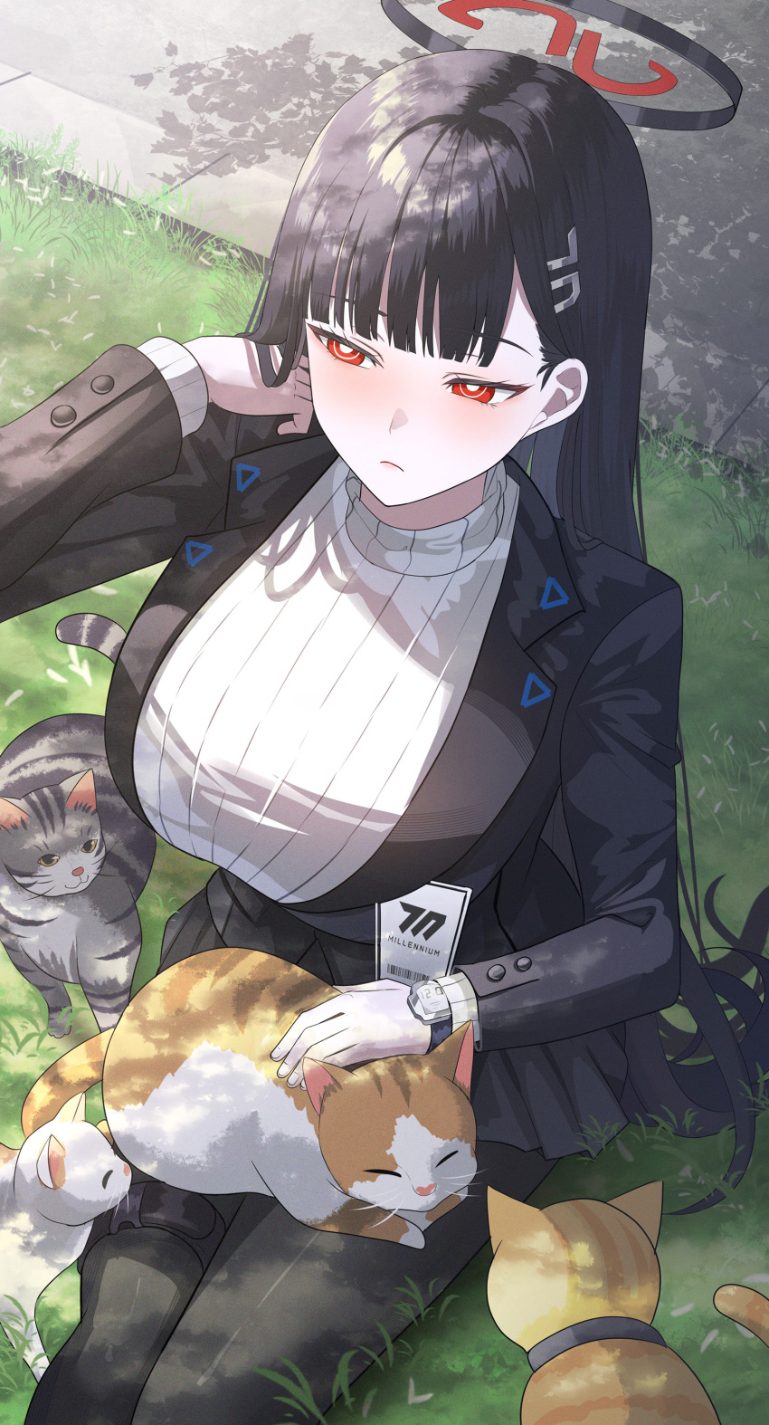1girl absurdres animal_on_lap black_hair black_jacket black_pantyhose black_skirt blue_archive blunt_bangs breasts bright_pupils cat closed_mouth dated_commentary halo hand_up highres id_card jacket large_breasts long_hair long_sleeves looking_to_the_side on_lap outdoors pantyhose red_eyes rio_(blue_archive) sitting skirt solo sweater sysen turtleneck turtleneck_sweater watch white_pupils wristwatch