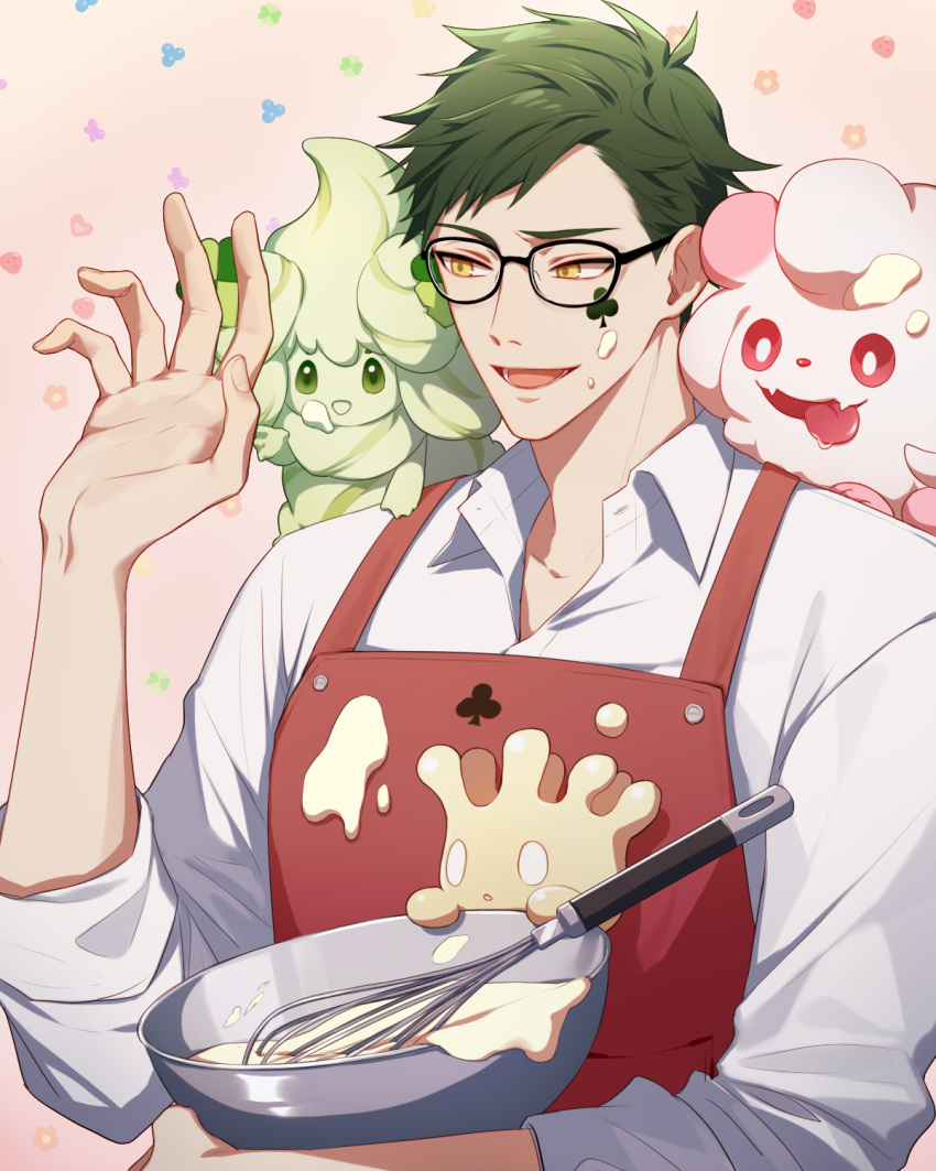 13_(bbr584607091) 1boy alcremie alcremie_(matcha_cream) apron batter bowl clover_facial_mark commentary crossover drooling facial_mark food food_on_face glasses green_hair highres male_focus milcery open_mouth patterned_background pink_background pokemon red_apron red_eyes shirt sleeves_rolled_up smile swirlix symbol-only_commentary tongue tongue_out trey_clover twisted_wonderland upper_body whisk white_shirt yellow_eyes