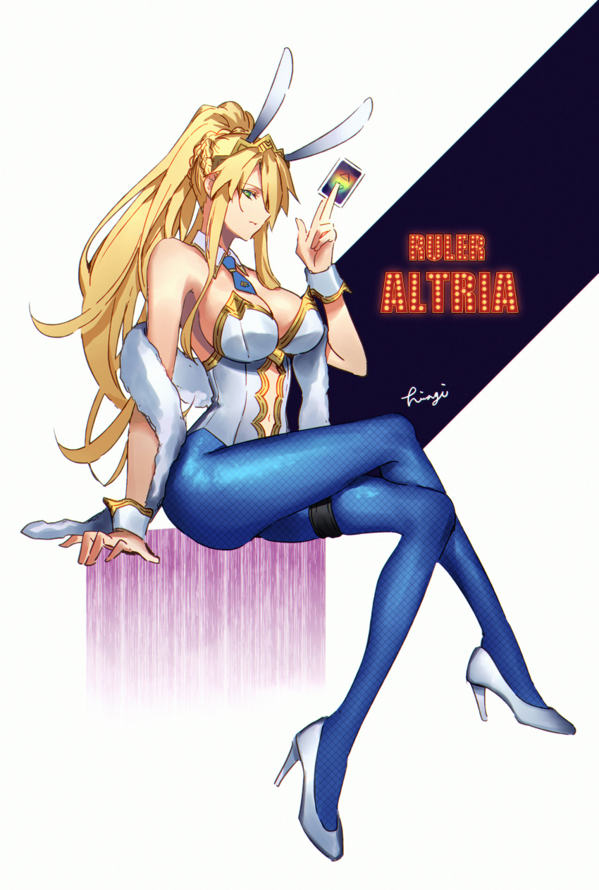 1girl absurdres animal_ears artist_name artoria_pendragon_(fate) artoria_pendragon_(swimsuit_ruler)_(fate) bare_shoulders blonde_hair blue_necktie blue_pantyhose braid breasts card character_name cleavage closed_mouth clothing_cutout commentary crossed_legs detached_collar fake_animal_ears fate/grand_order fate_(series) feather_boa fishnet_pantyhose fishnets french_braid full_body gold_trim green_eyes hair_over_one_eye hand_up high_heels high_ponytail highres holding holding_card kibou large_breasts leotard long_hair looking_at_viewer looking_to_the_side navel navel_cutout necktie one_eye_covered pantyhose playboy_bunny ponytail rabbit_ears sidelocks sitting solo strapless strapless_leotard tiara white_footwear white_leotard white_wrist_cuffs wrist_cuffs