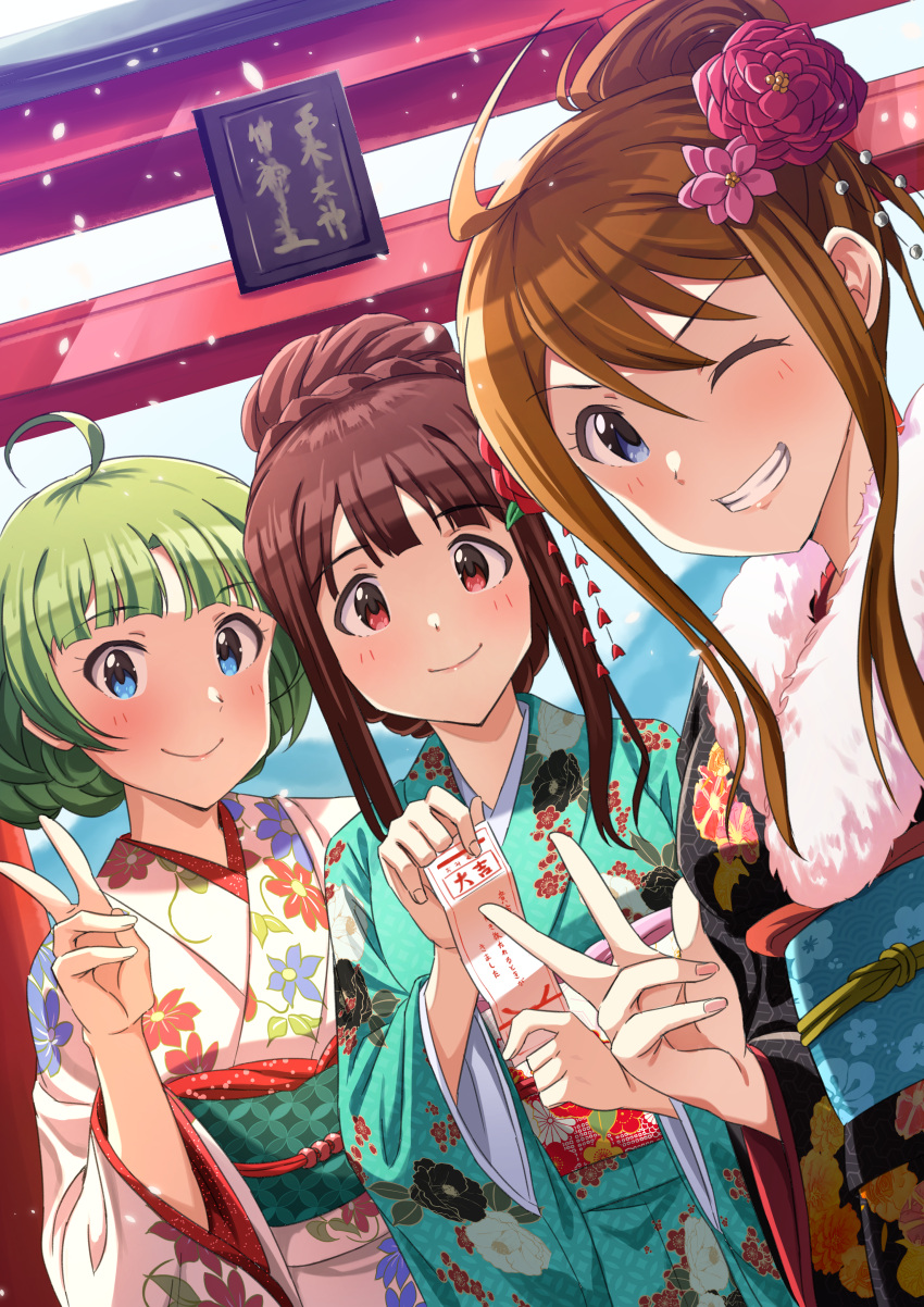 3girls ;) absurdres aqua_kimono blue_eyes blush braid brown_hair floral_print flower furisode green_hair hair_flower hair_ornament hand_up highres idolmaster idolmaster_million_live! idolmaster_million_live!_theater_days japanese_clothes kimono long_hair multiple_girls obi omikuji one_eye_closed outdoors red_eyes sash shimabara_elena short_hair smile snow takatsuki_p tanaka_kotoha tokoro_megumi torii v