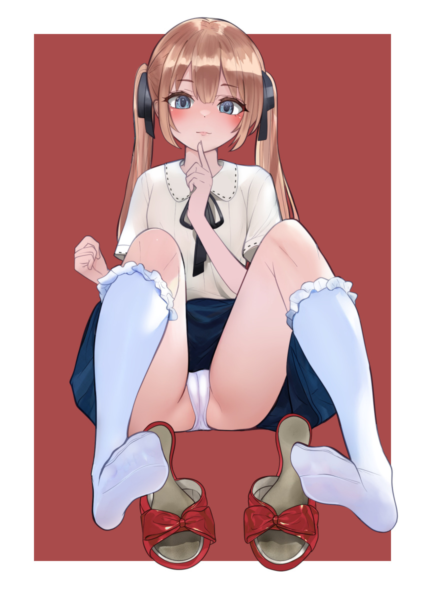 1girl black_ribbon blue_eyes blue_skirt blush border brown_hair cameltoe closed_mouth collared_shirt dorsiflexion double-parted_bangs eyelashes feet footprints frilled_socks frills full_body hair_ribbon hands_up highres knees_up legs long_hair looking_at_viewer lumina414 miniskirt neck_ribbon no_shoes original panties pleated_skirt red_background red_footwear ribbon sandals shirt short_sleeves sidelocks sitting skirt socks soles solo thighs toes twintails underwear white_border white_panties white_shirt white_socks