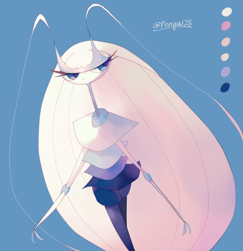 alternate_color antennae artist_name blue_background blue_eyes color_guide colored_skin commentary_request eyelashes highres joints long_hair pheromosa pokemon pokemon_(creature) rongai28 shiny_pokemon simple_background standing twitter_username very_long_hair white_hair white_skin