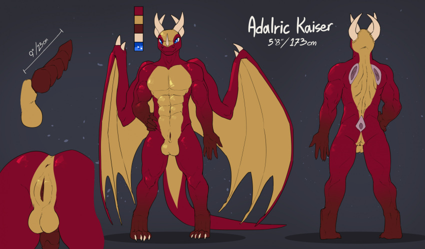 adalric_kaiser anthro anus balls blue_eyes bodily_fluids butt digitigrade dragon english_text feretta genital_fluids genitals gold_skin herm hi_res horn intersex looking_at_viewer maleherm model_sheet muscular nude penis pussy pussy_juice rear_view red_body red_skin solo tail text wings
