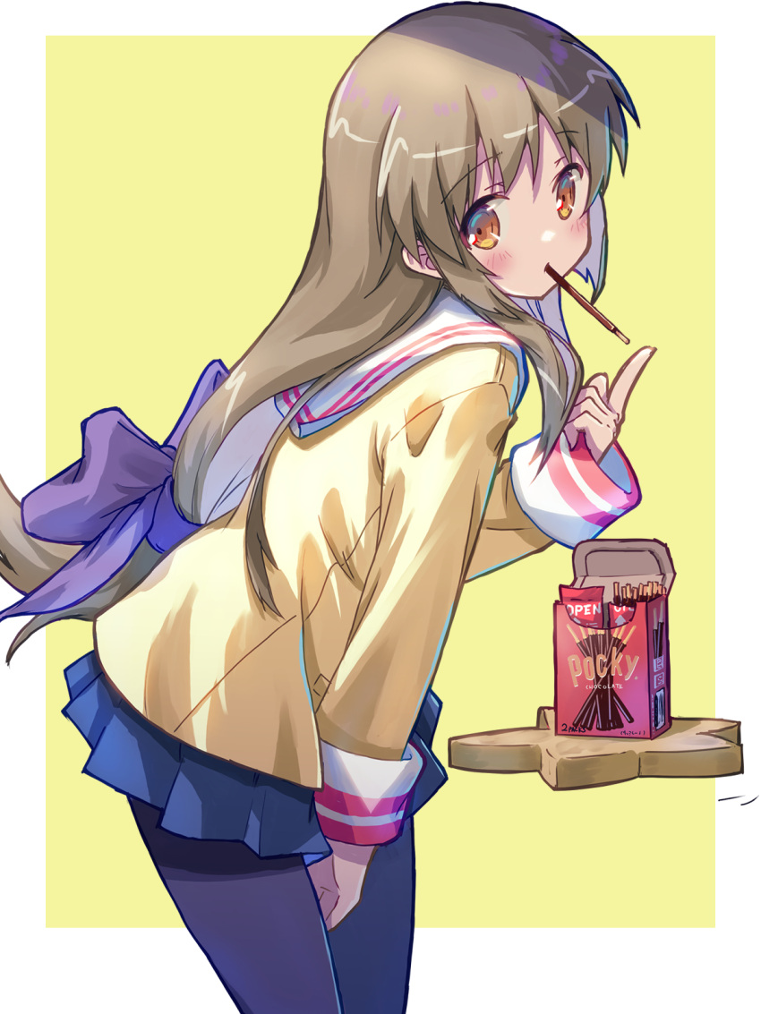 1girl akayama_yukihe black_pantyhose blue_bow blue_skirt bow brown_eyes brown_hair clannad food food_in_mouth hair_bow highres hikarizaka_private_high_school_uniform ibuki_fuuko jacket long_hair looking_at_viewer pantyhose pocky pocky_in_mouth product_placement school_uniform skirt solo star_(symbol) very_long_hair yellow_background yellow_jacket