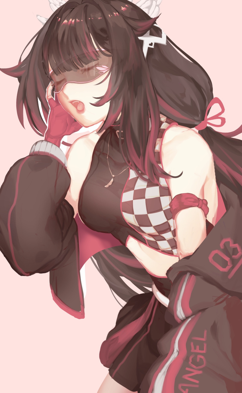 1girl alternate_costume bare_shoulders black_hair black_jacket black_shirt breasts checkered_clothes checkered_shirt closed_eyes columbina_(genshin_impact) commentary crop_top fangs fingerless_gloves genshin_impact gloves hair_ribbon hand_up highres jacket long_hair long_sleeves medium_breasts midriff multicolored_hair off_shoulder open_mouth pink_gloves pluvioseprince purple_hair purple_ribbon ribbon shirt sleeveless sleeveless_shirt solo streaked_hair very_long_hair