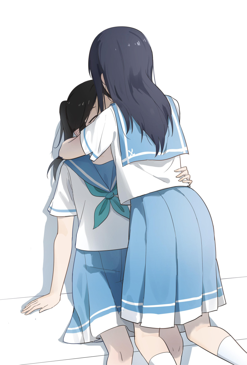 2girls absurdres aqua_neckerchief black_hair blue_sailor_collar blue_skirt closed_eyes facing_another hand_on_another's_hip hibike!_euphonium highres hug kasaki_nozomi kneeling liz_to_aoi_tori long_hair lrhwushang multiple_girls neckerchief pleated_skirt sailor_collar school_uniform serafuku shadow short_sleeves side_ponytail sitting skirt white_background white_serafuku yoroizuka_mizore yuri