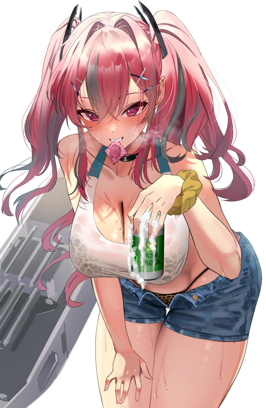 1girl absurdres azur_lane blue_shorts blush breasts bremerton_(azur_lane) can cleavage collarbone commentary condom condom_wrapper english_commentary grin hair_between_eyes hair_intakes hair_ornament highres holding holding_can holding_condom huge_breasts looking_at_viewer multicolored_hair panty_straps red_eyes red_hair rossy_(yowayowachimpo) shorts simple_background smile solo tank_top teeth thighs twintails two-tone_hair white_background white_tank_top