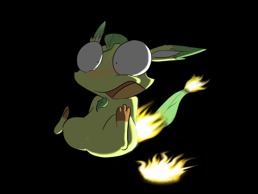 blush burning butt_on_fire eeveelution fifybear fire game_freak generation_4_pokemon hand_on_butt leaf leaf_hair leaf_tail leafeon male nintendo pain plant plant_hair pokemon pokemon_(species) pseudo_hair solo tail tail_on_fire