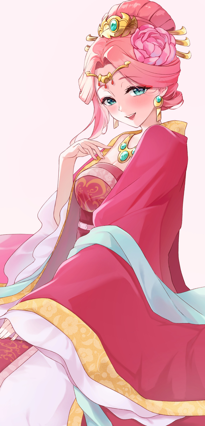 1girl absurdres aqua_eyes breasts chinese_clothes earrings flower gyokuyou_(kusuriya_no_hitorigoto) hair_flower hair_ornament highres jewelry kusuriya_no_hitorigoto looking_at_viewer medium_breasts open_mouth pink_hair simple_background solo teeth upper_teeth_only yooonei