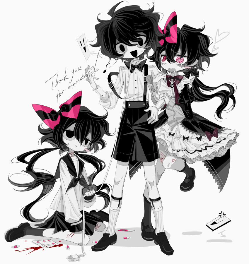 1boy 2girls black_bow black_bowtie black_dress black_eyes black_footwear black_hair black_shorts blood blue_sclera blush_stickers bow bowtie colored_sclera colored_skin commission creature dress frilled_dress frills grey_socks hair_bow highres leash long_hair meyou_0319 multiple_girls musical_note open_mouth original pill pink_bow red_bow red_bowtie sailor_collar school_uniform shirt short_hair shorts smile socks white_background white_shirt white_skin white_socks wire