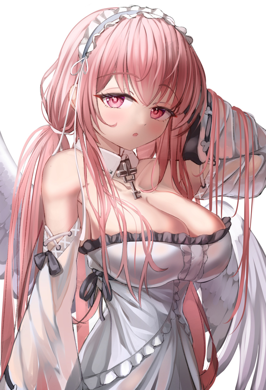 1girl absurdres azuma_(sospower73) azur_lane bare_shoulders breasts center_frills cleavage cowboy_shot detached_sleeves dress feathered_wings frilled_dress frills hand_in_own_hair highres large_breasts long_hair long_sleeves looking_at_viewer maid_headdress perseus_(azur_lane) pink_eyes pink_hair simple_background solo strapless strapless_dress very_long_hair white_background white_wings wide_sleeves wings