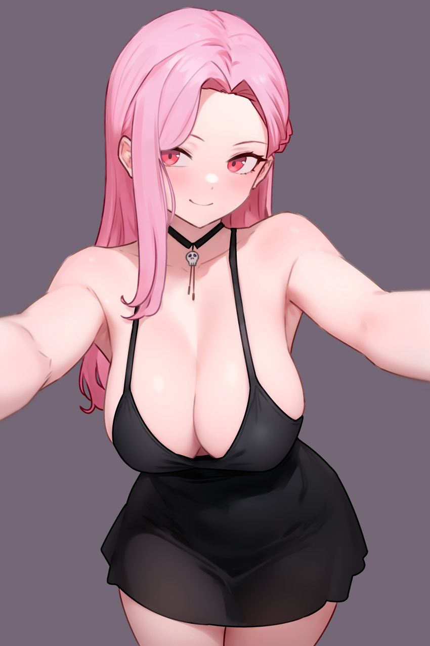1girl absurdres black_dress bluefield breasts cleavage closed_mouth dress english_commentary highres hololive hololive_english large_breasts long_hair looking_at_viewer mori_calliope pink_eyes pink_hair pov simple_background skull_choker sleeveless sleeveless_dress solo tagme virtual_youtuber