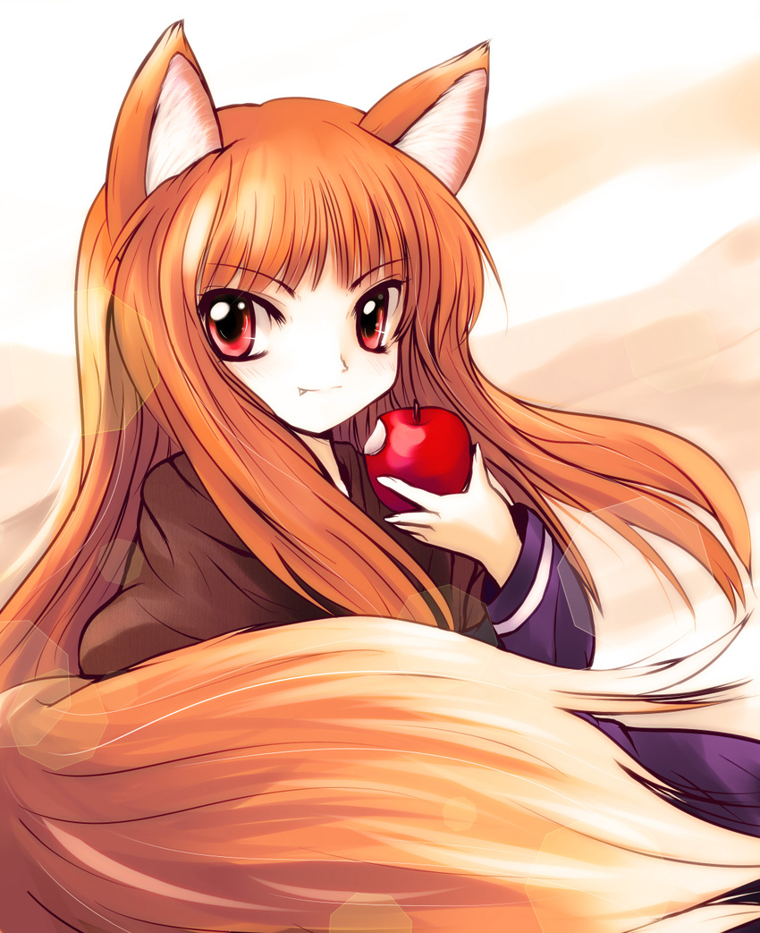 animal_ears apple brown_hair eating fang food fruit highres holding holding_food holding_fruit holo long_hair red_eyes solo spice_and_wolf tail wolf_ears wolf_tail yume_shokunin