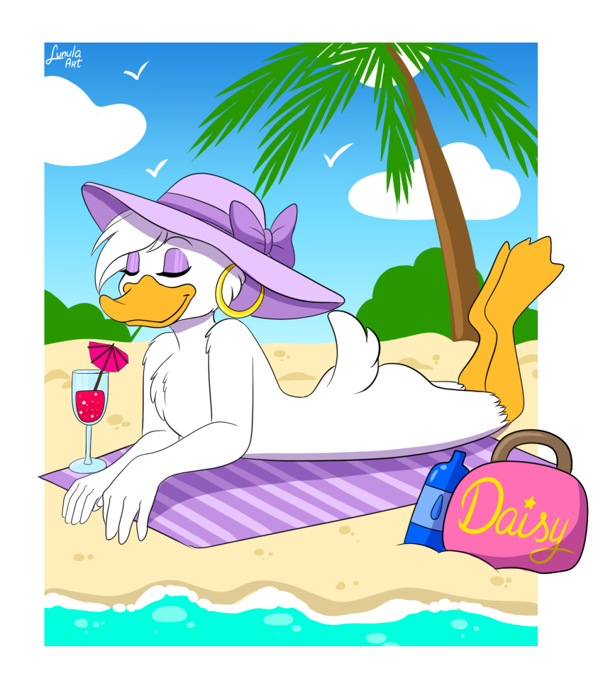 alcohol alcoholic_drink anatid anseriform anthro avian beach beach_towel beverage bird bottle casual_nudity clothing cocktail container daisy_duck disney duck ear_piercing ear_ring eyes_closed female hat headgear headwear hi_res lunula_(artist) lying nude on_front piercing public public_nudity purse quack_pack ring_piercing seaside solo tasteful_nudity towel water_bottle