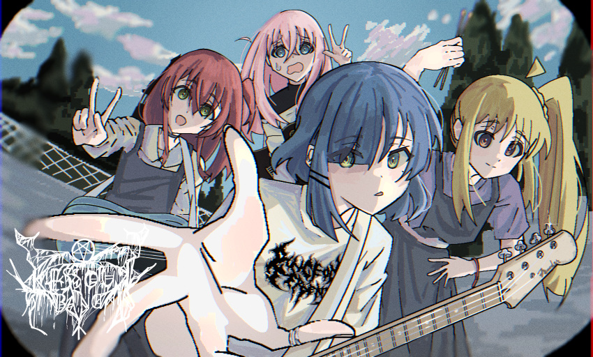 4girls absurdres ahoge alternate_costume band_shirt blonde_hair blue_eyes blue_hair blue_sky bocchi_the_rock! brown_eyes closed_mouth cloud cloudy_sky commentary cowboy_shot day detached_ahoge english_commentary eyes_visible_through_hair fisheye foreshortening gotoh_hitori green_eyes guitar_hero hair_between_eyes hair_ornament hair_over_one_eye hairclip highres ijichi_nijika irreligiositat kita_ikuyo long_hair looking_at_viewer merchandise multiple_girls one_side_up open_hand open_mouth outdoors outstretched_arm pink_hair reaching reaching_towards_viewer red_hair shirt short_hair side_ponytail sidelocks sky smile standing t-shirt upper_body v very_long_hair white_shirt yamada_ryo yellow_eyes