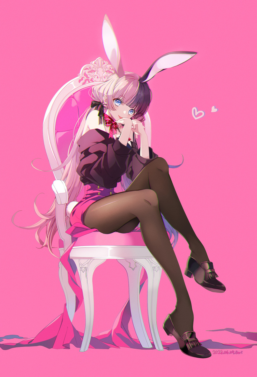 1girl animal_ears artist_name bare_shoulders black_bow black_footwear black_hair black_sweater black_thighhighs blue_eyes blunt_bangs bow bowtie chair dated fake_animal_ears flipped_hair full_body hair_bow heart heart_print high-waist_skirt highres iris_black_games loafers long_hair looking_at_viewer multicolored_hair off-shoulder_sweater off_shoulder pink_background pink_bow pink_bowtie pink_hair pink_ribbon pink_skirt rabbit_ears ribbon seri_sketch shoes sidelocks simple_background sitting skirt solo split-color_hair sweater tachibana_hinano_(vtuber) thighhighs tongue tongue_out twintails virtual_youtuber vspo!