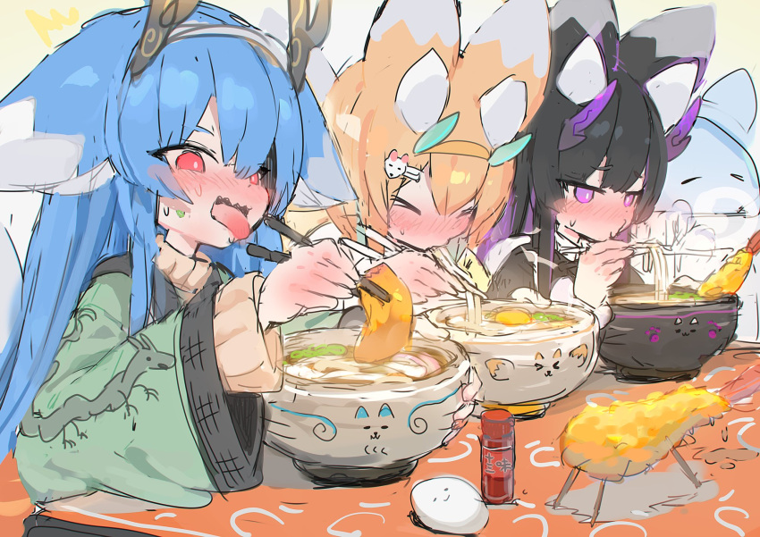 3girls aburaage animal_ears black_hair blonde_hair blue_hair blush burnt_tongue chopsticks closed_eyes colored_inner_hair creature eating food hair_ornament hairclip highres holding holding_chopsticks horns long_hair mamuru multicolored_hair multiple_girls noodles nose_blush original purple_eyes purple_hair red_eyes sketch sweat table tempura tongue tongue_out udon