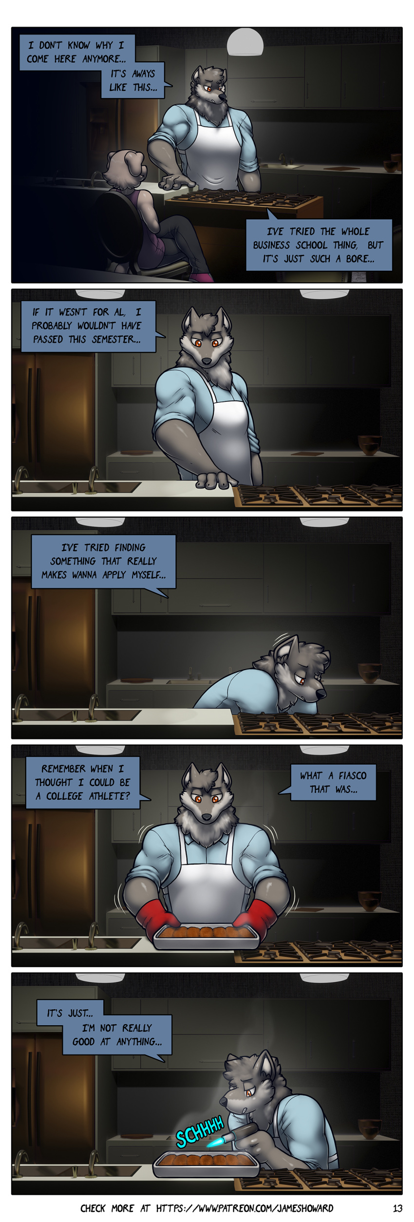 absurd_res anthro canid canine canis comic cooking dialogue domestic_dog duo female hi_res james_howard jill_(james_howard) male mammal patreon richard_(james_howard) wolf