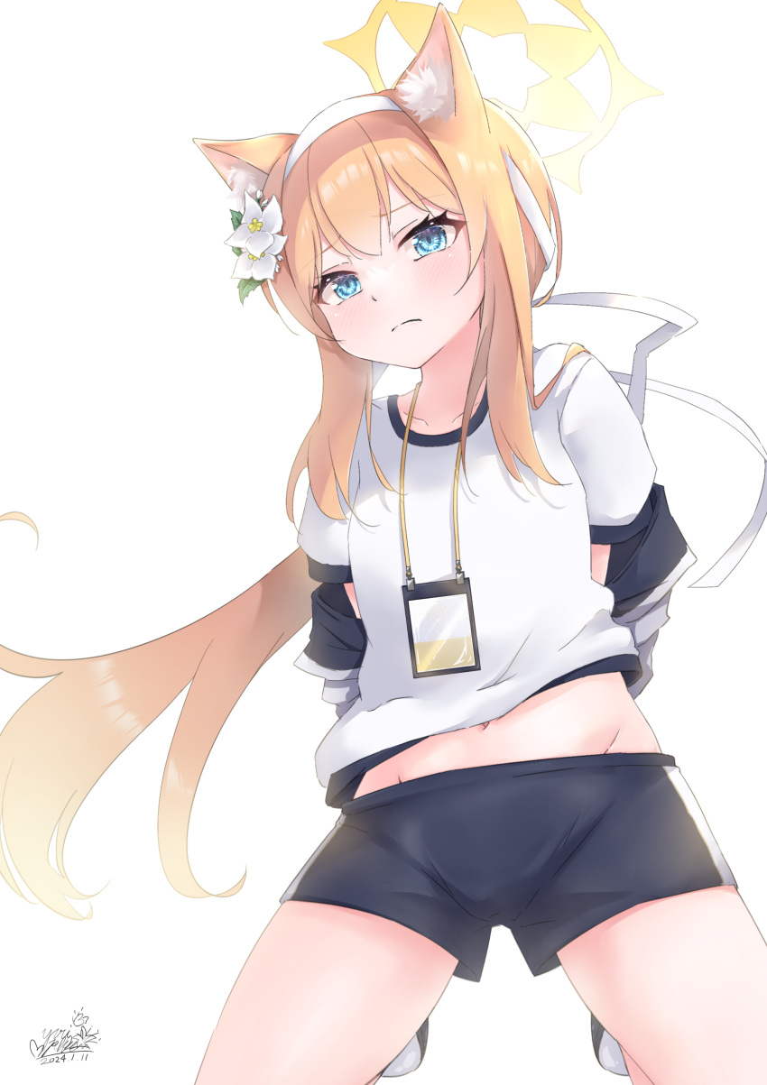 1girl animal_ear_fluff animal_ears black_jacket black_shorts blue_archive blue_eyes flower fox_ears hair_flower hair_ornament headband highres jacket long_hair looking_at_viewer navel official_alternate_costume orange_hair ponytail shirt shorts solo white_headband white_shirt yellow_eyes yuri_pekko yuuka_(blue_archive) yuuka_(track)_(blue_archive)