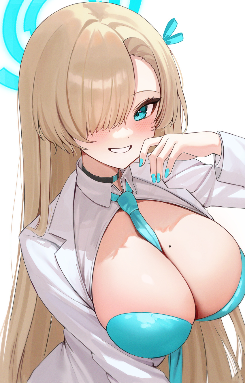 1girl absurdres asuna_(blue_archive) blue_archive blue_eyes blue_halo blue_ribbon blush breasts cleavage collared_shirt commentary grin hair_ribbon halo highres large_breasts light_brown_hair long_hair long_sleeves mole mole_on_breast ribbon ryu_o shirt simple_background smile solo white_background white_shirt