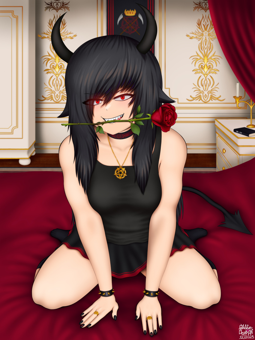 1girl absurdres bed black_hair black_shirt book bracelet breasts candle canopy_bed choker collarbone demon demon_girl demon_horns demon_tail emo_hair flower gesugao gold_necklace gold_ring gothic grin highres horns jewelry necklace nightstand on_bed original pentagram red_eyes rose shadeception shirt sitting skirt smile spiked_bracelet spikes tail tank_top thighs wardrobe wariza yandere