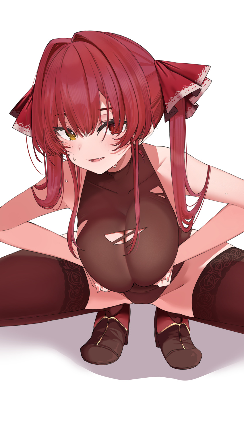 1girl absurdres ankle_boots black_footwear black_thighhighs boots breasts fang grabbing_own_breast hair_ribbon highres hololive houshou_marine large_breasts leotard long_hair looking_at_viewer red_eyes red_hair red_ribbon ribbon skin_fang smile solo thighhighs torn_clothes torn_leotard twintails virtual_youtuber white_background yellow_eyes yuzuyukiha
