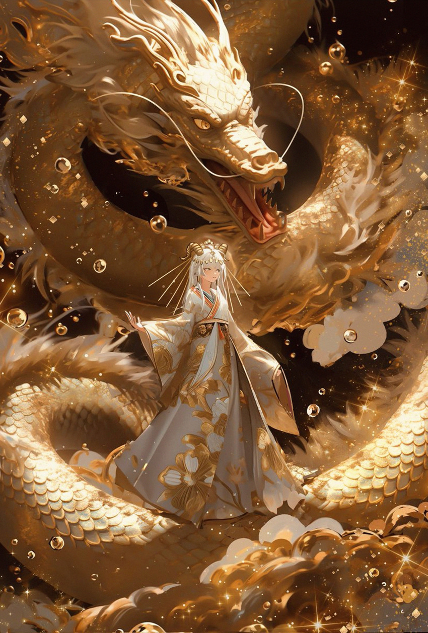 1girl 2024 absurdres chinese_zodiac dragon eastern_dragon fantasy gold_skin happy_new_year highres horns japanese_clothes kimono long_hair long_sleeves mizuiro_abokado nengajou new_year open_mouth original wide_sleeves year_of_the_dragon