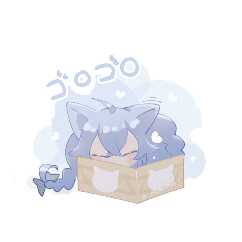 1girl animal_ears animalization blue_fur blush box braid cat_ears chibi closed_eyes hair_ribbon in_box in_container mushoku_tensei ne_ko_ko ribbon roxy_migurdia simple_background sleeping solo_focus