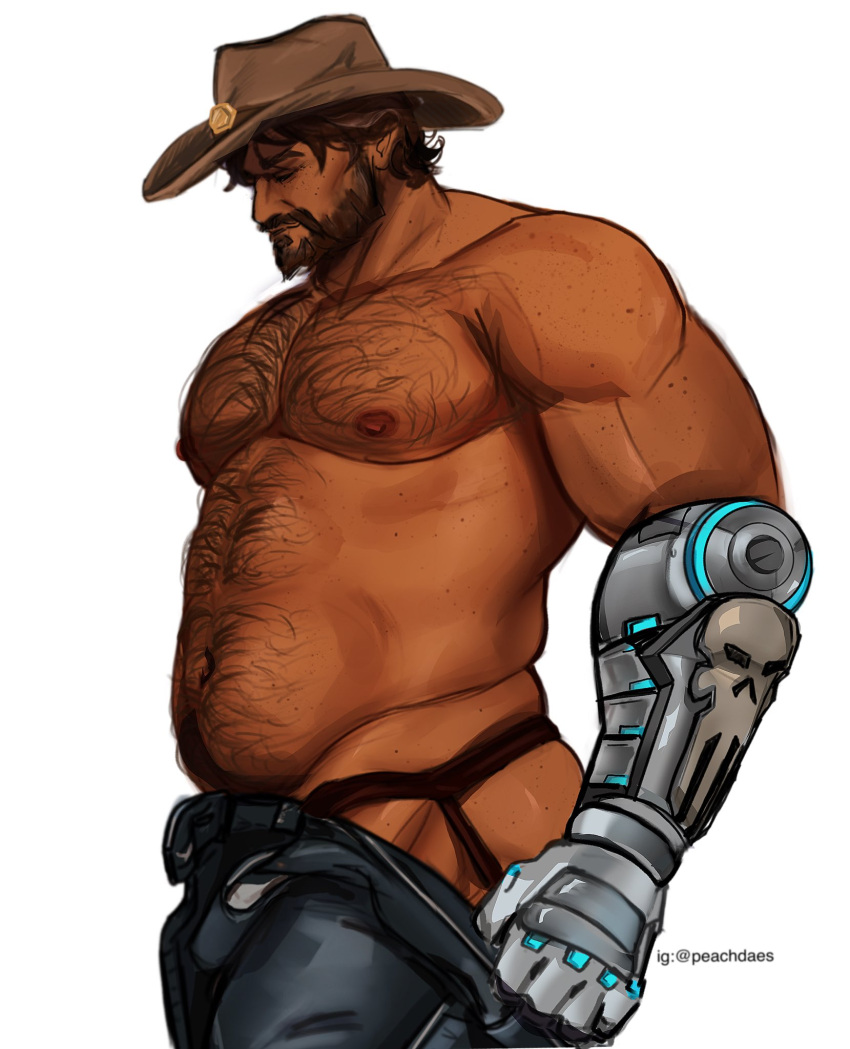 1boy ass ass_peek bara beard belly black_male_underwear brown_hair cassidy_(overwatch) chest_hair clothes_pull cowboy_hat dark_skin facial_hair from_side full_beard hairy hat highres jockstrap large_pectorals male_focus male_underwear mature_male muscular muscular_male navel navel_hair nipples overwatch overwatch_2 pants pants_pull peachydaes2 pectorals plump profile short_hair solo stomach thick_chest_hair thick_eyebrows thick_navel_hair underwear undressing