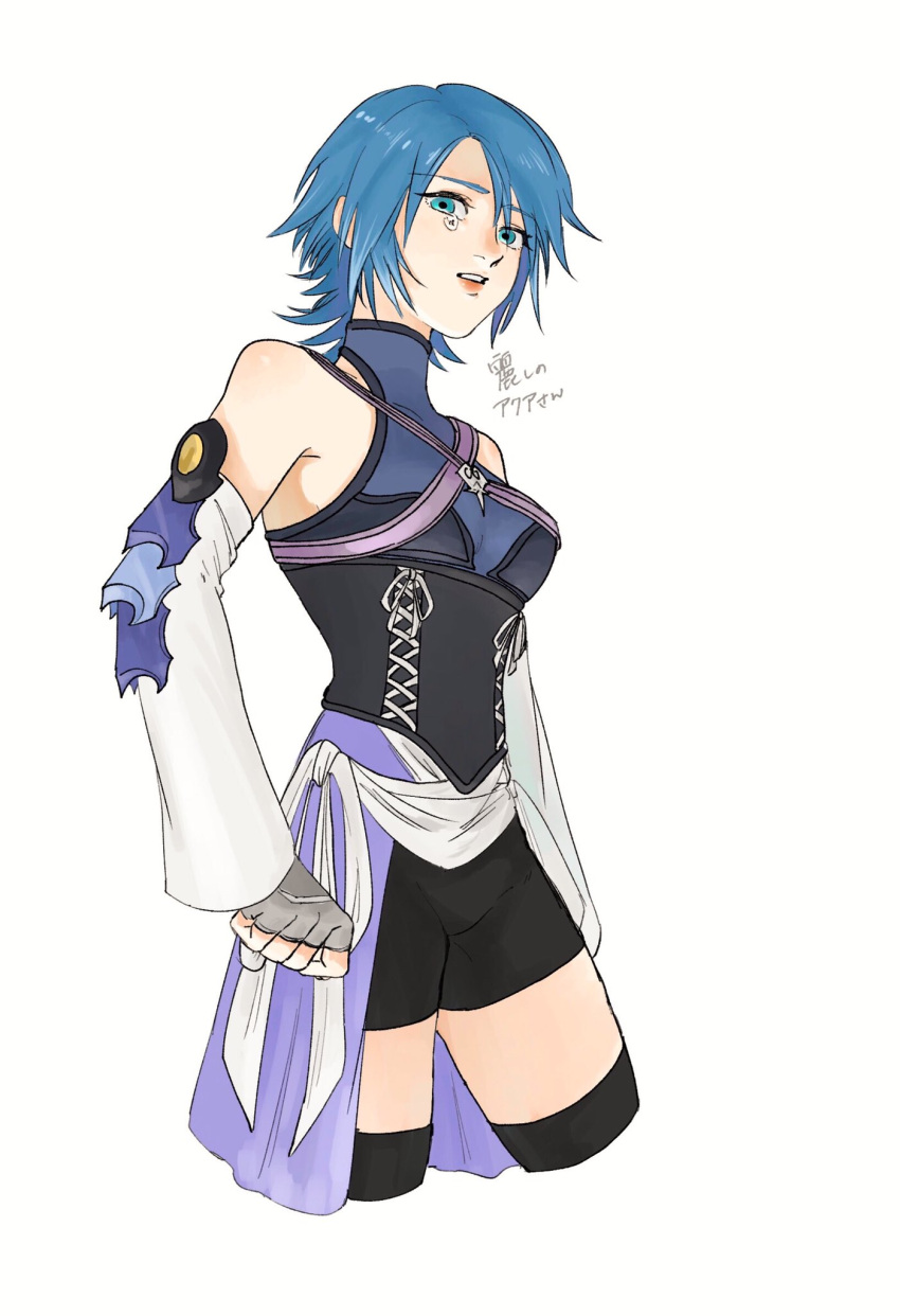 2022 aqua_(kingdom_hearts) black_shorts blue_eyes blue_hair highres kingdom_hearts nine_91511 shorts signature tears white_background