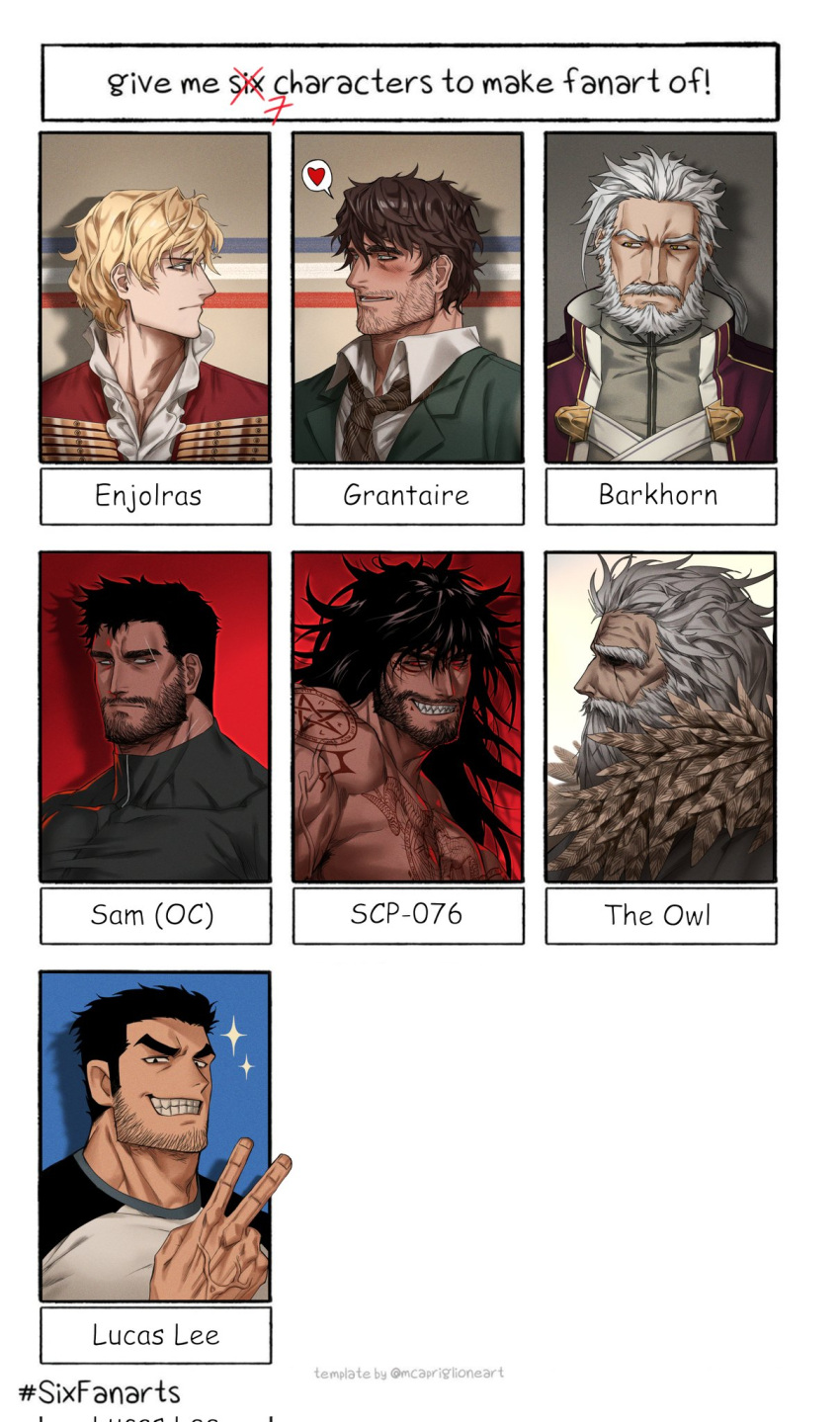 6+boys bara beard_stubble black_hair character_name character_request crossover dark-skinned_male dark_skin dobek_k english_text eye_contact grey_hair grin heart highres huge_eyebrows large_pectorals looking_at_another looking_at_viewer lucas_lee male_focus mature_male medium_sideburns multiple_boys multiple_crossover multiple_drawing_challenge muscular muscular_male neckbeard old old_man original pectorals portrait sam_(dobek_k) sanpaku scott_pilgrim_(series) scott_pilgrim_takes_off scp-076-2 scp_foundation shirt short_hair sideburns six_fanarts_challenge smile sparkle spoken_heart t-shirt thick_eyebrows thick_mustache thick_neck tight_clothes veins veiny_arms wrinkled_skin yaoi