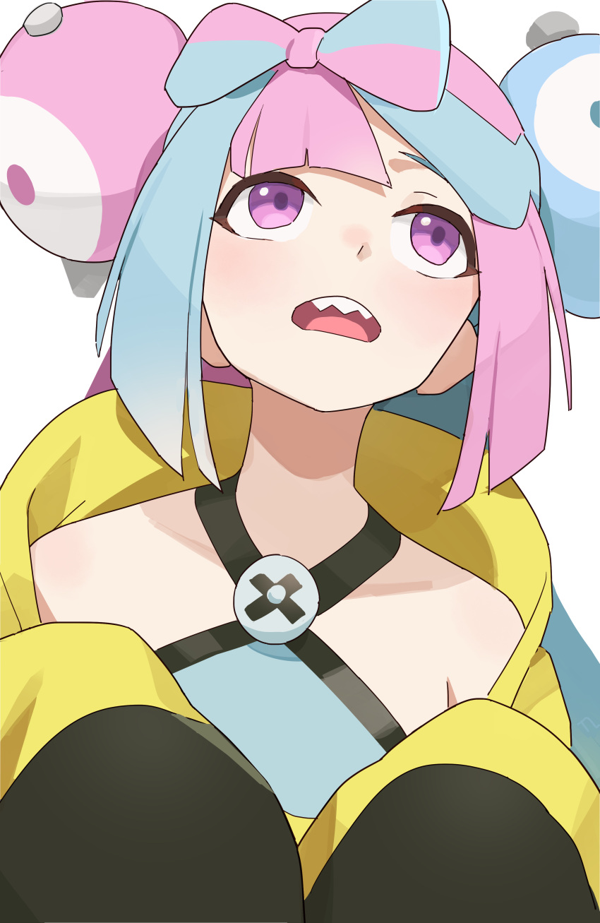 1girl absurdres blue_hair bow-shaped_hair highres iono_(pokemon) jacket long_hair multicolored_hair pink_hair pokemon pokemon_sv purple_eyes sharp_teeth solo t-lex teeth two-tone_hair very_long_sleeves x yellow_jacket