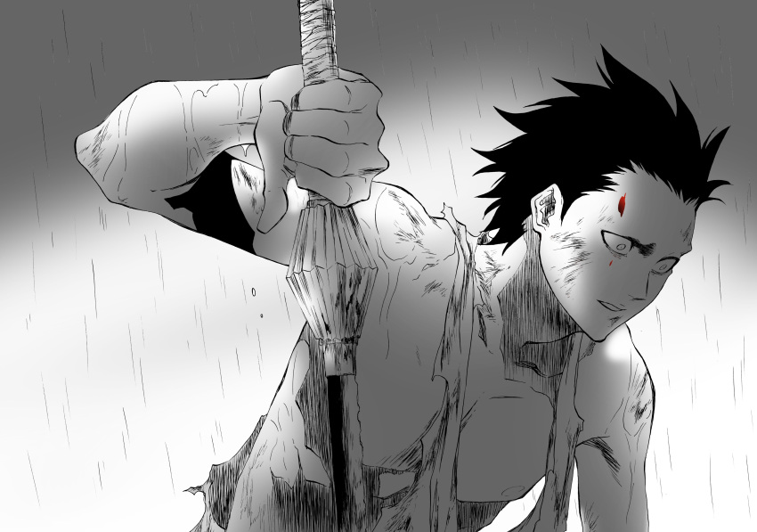 1boy absurdres bare_arms black_hair bleach bleach:_sennen_kessen-hen blood blood_on_face fighting_stance grey_background greyscale highres holding holding_sword holding_weapon ken'ichi_(ken1ro_u) looking_down monochrome nose outdoors parted_lips rain short_hair simple_background solo spiked_hair sword thumbs_down torn_clothes upper_body weapon wide-eyed zaraki_kenpachi