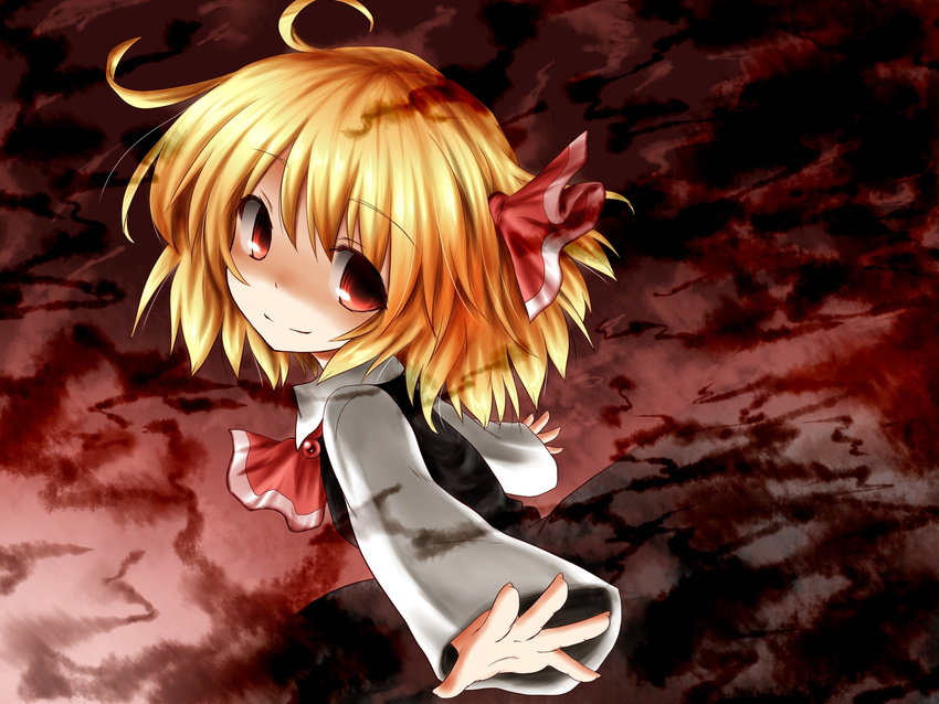 ascot blonde_hair blouse dress hair_ribbon highres long_sleeves looking_at_viewer natsu_no_koucha outstretched_arms red_eyes ribbon rumia short_hair smile solo touhou