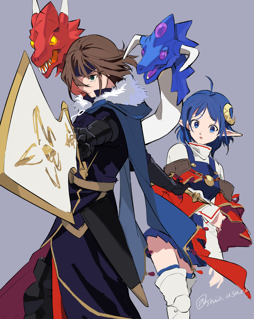 1boy 1girl absurdres ahoge ashton_anchors blue_eyes blue_hair brown_hair cape closed_mouth dragon gloves green_eyes headband highres holding holding_sword holding_weapon looking_at_viewer open_mouth pointy_ears red_cape rena_lanford shiohi short_hair simple_background skirt star_ocean star_ocean_the_second_story sword thighhighs weapon